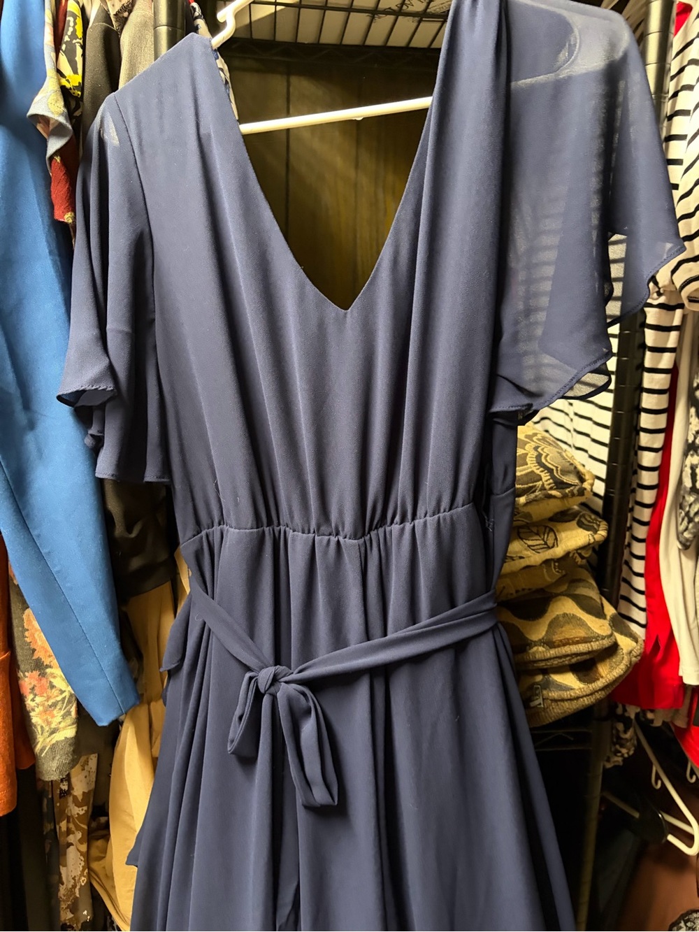Deep V-Neck Tie-Waist Midi Dress in Navy